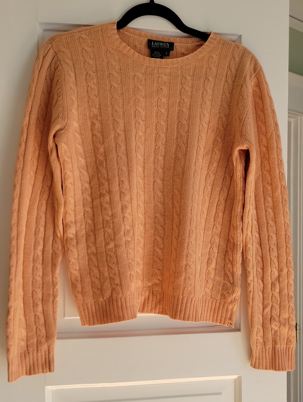 Vintage Lauren Ralph Lauren Peach Orange Cable Knit Cashmere Crew Sweater - S